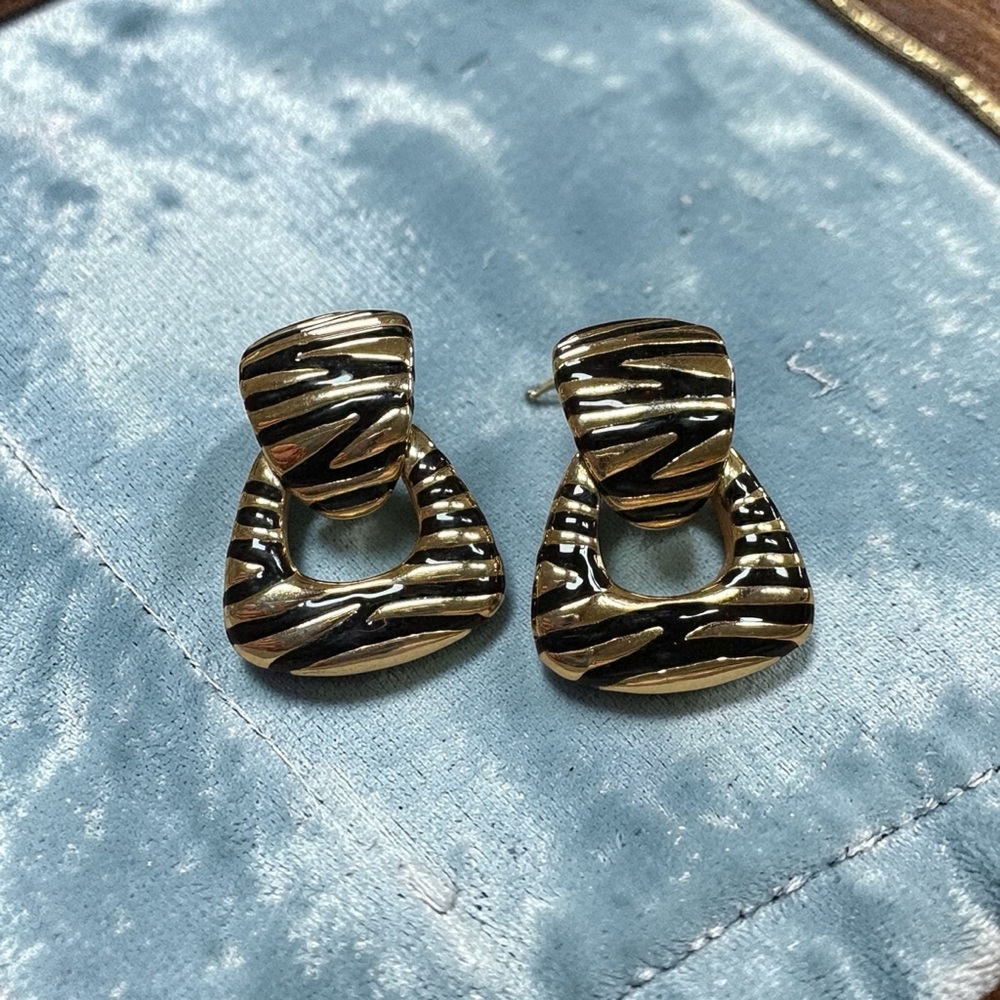 Gold & Black Zebra Pattern Door Knocker Pierced Earrings